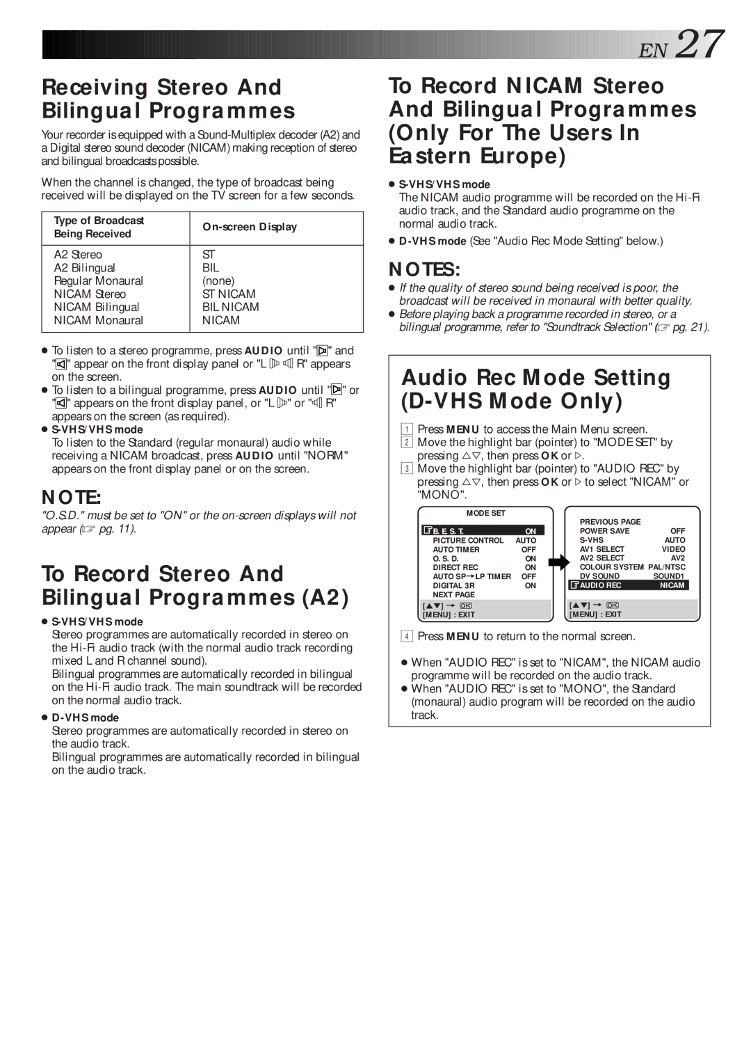 JVC HM-DR10000EU specifications Receiving Stereo And Bilingual Programmes, To Record Stereo And Bilingual Programmes A2 