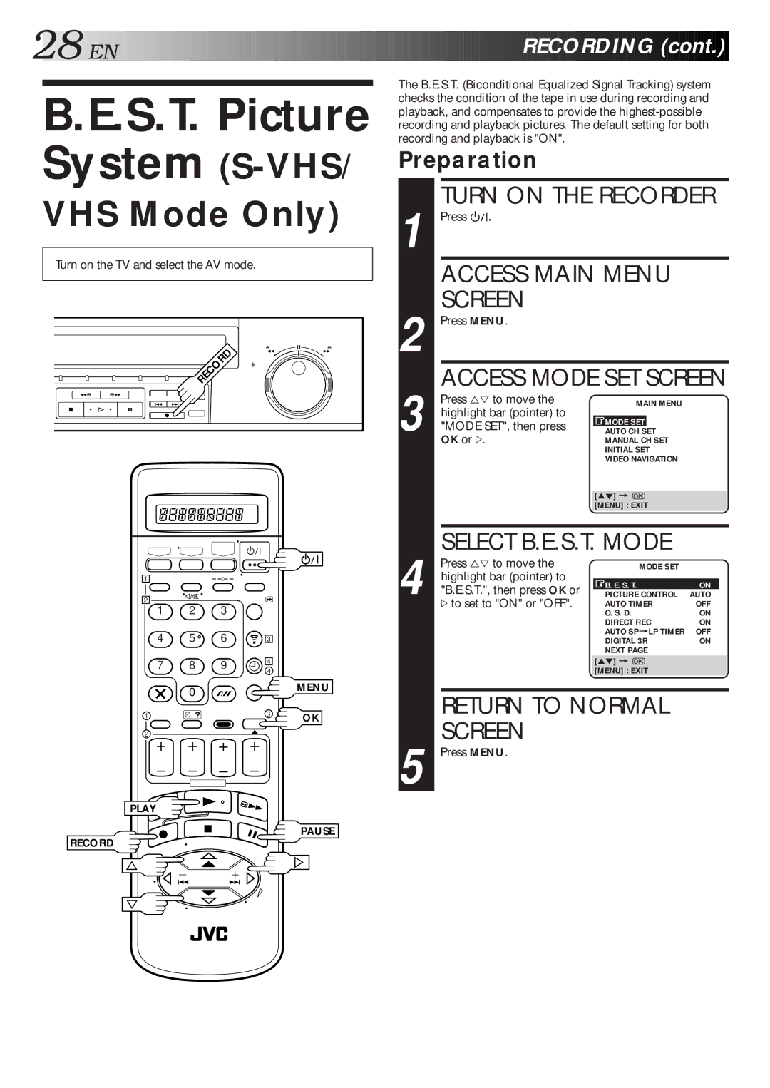 JVC HM-DR10000EU S.T. Picture, Select B.E.S.T. Mode, Preparation, S.T., then press OK or, #to set to on or OFF 