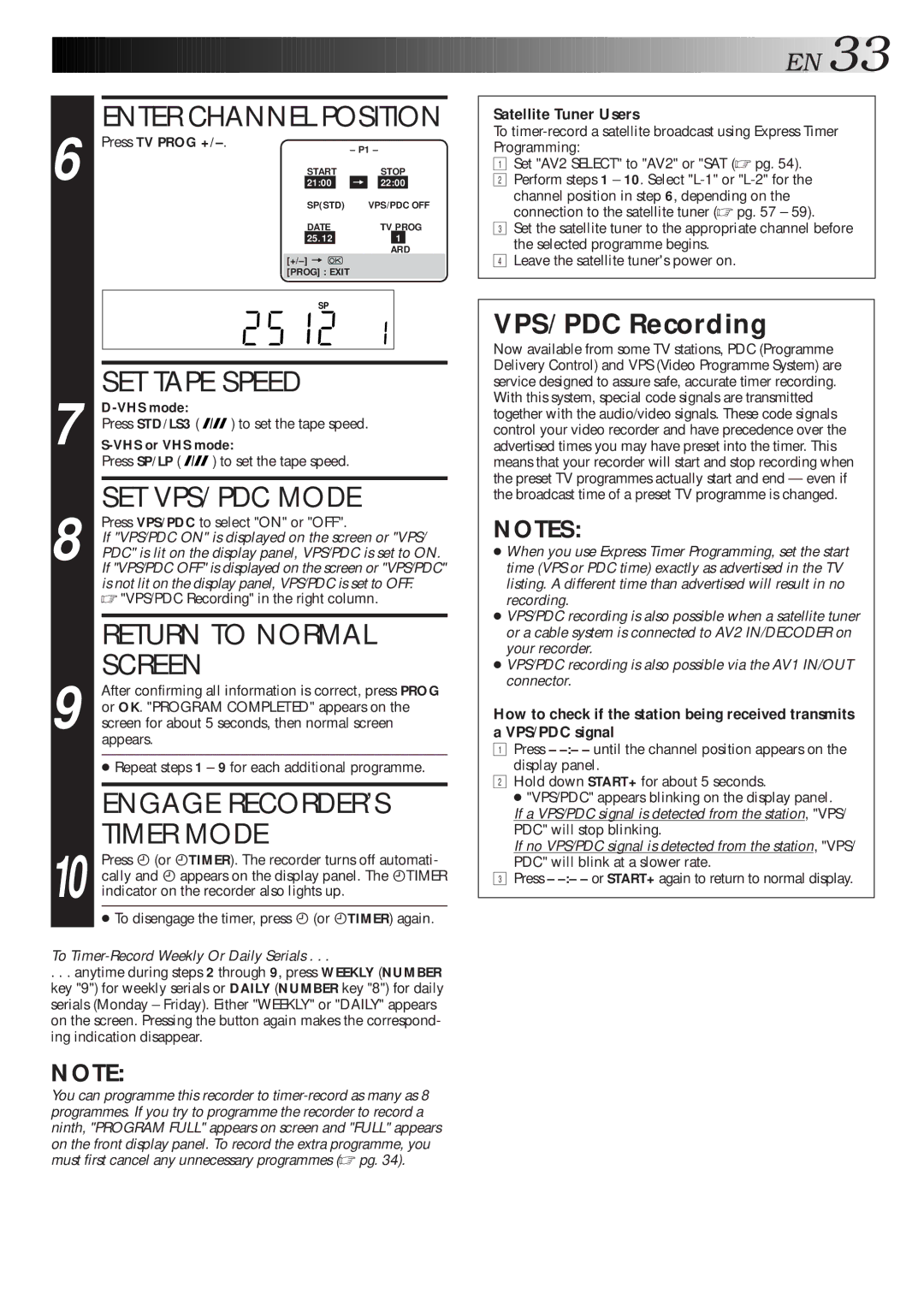 JVC HM-DR10000EU specifications SET Tape Speed, SET VPS/PDC Mode, Engage RECORDER’S, Timer Mode, VPS/PDC Recording 