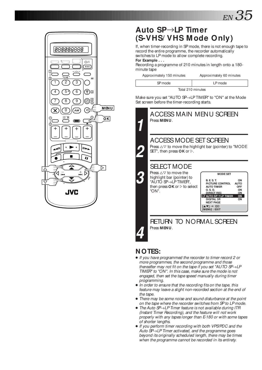 JVC HM-DR10000EU Auto SP→LP Timer S-VHS/VHS Mode Only, For Example, SET, then press OK or #, Then press OK or #to select 