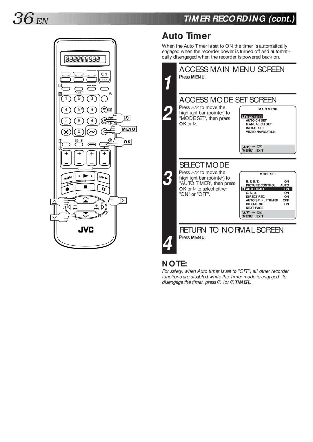 JVC HM-DR10000EU Auto Timer, Highlight bar pointer to Mode SET, then press, Auto TIMER, then press, On or OFF 