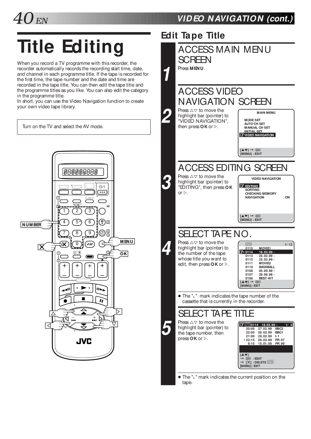 JVC HM-DR10000EU specifications Title Editing, Access Video, Edit Tape Title 