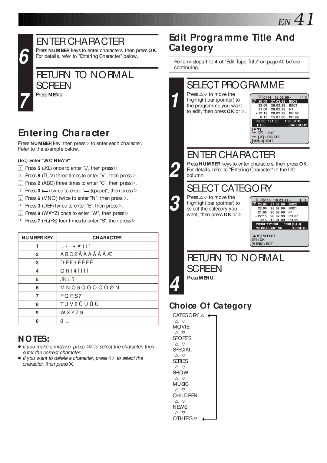 JVC HM-DR10000EU specifications Enter Character, Select Category, Entering Character, Edit Programme Title And Category 