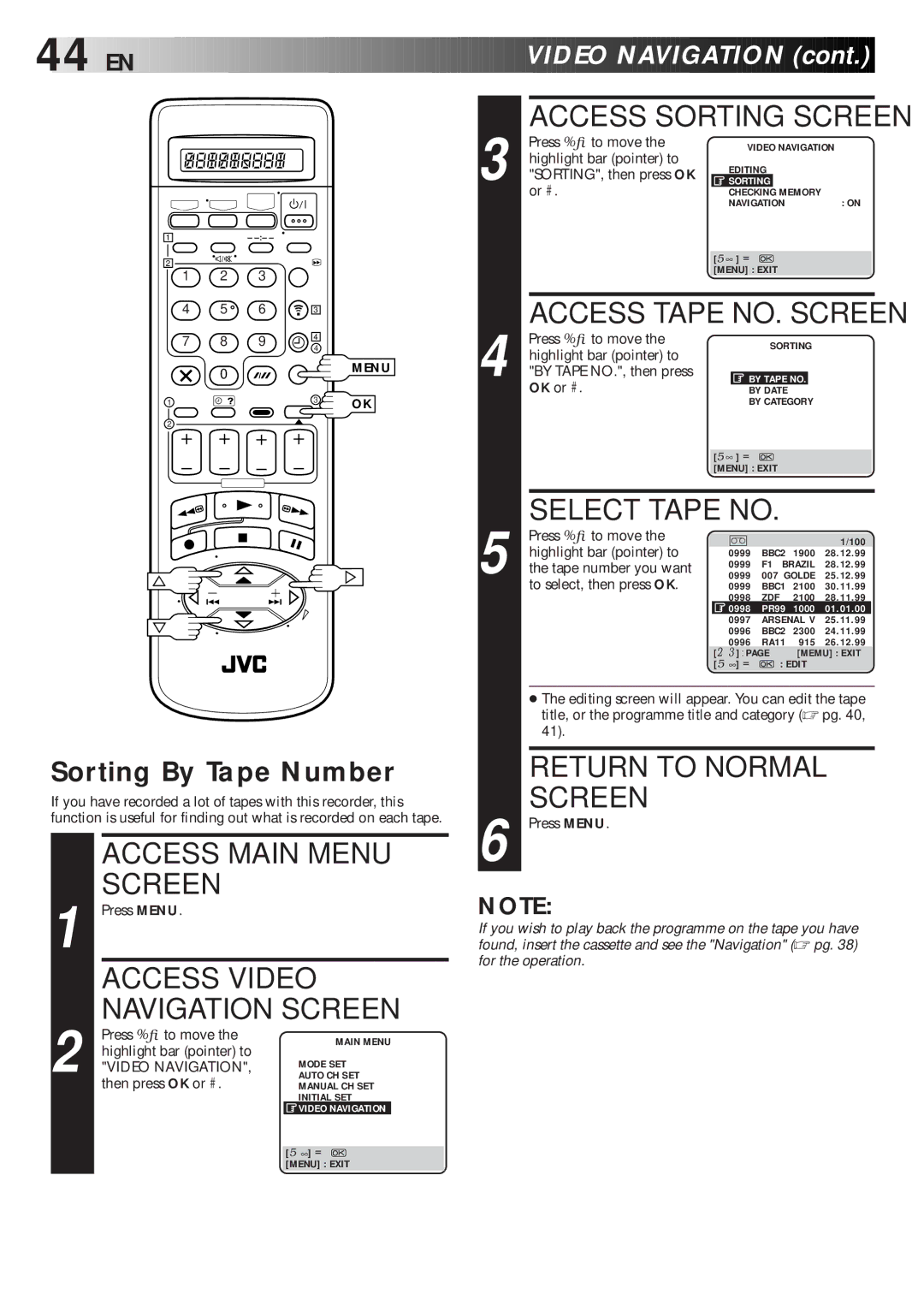 JVC HM-DR10000EU specifications Access Sorting Screen, Sorting By Tape Number 