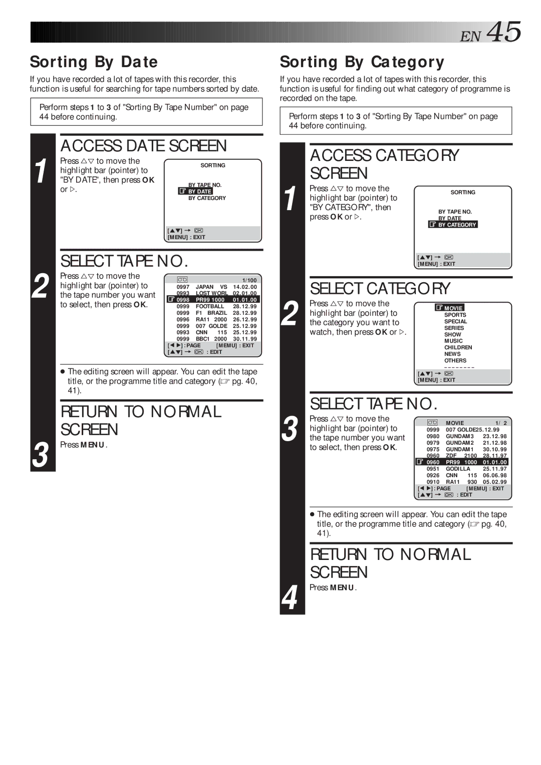 JVC HM-DR10000EU specifications Sorting By Date, Sorting By Category 