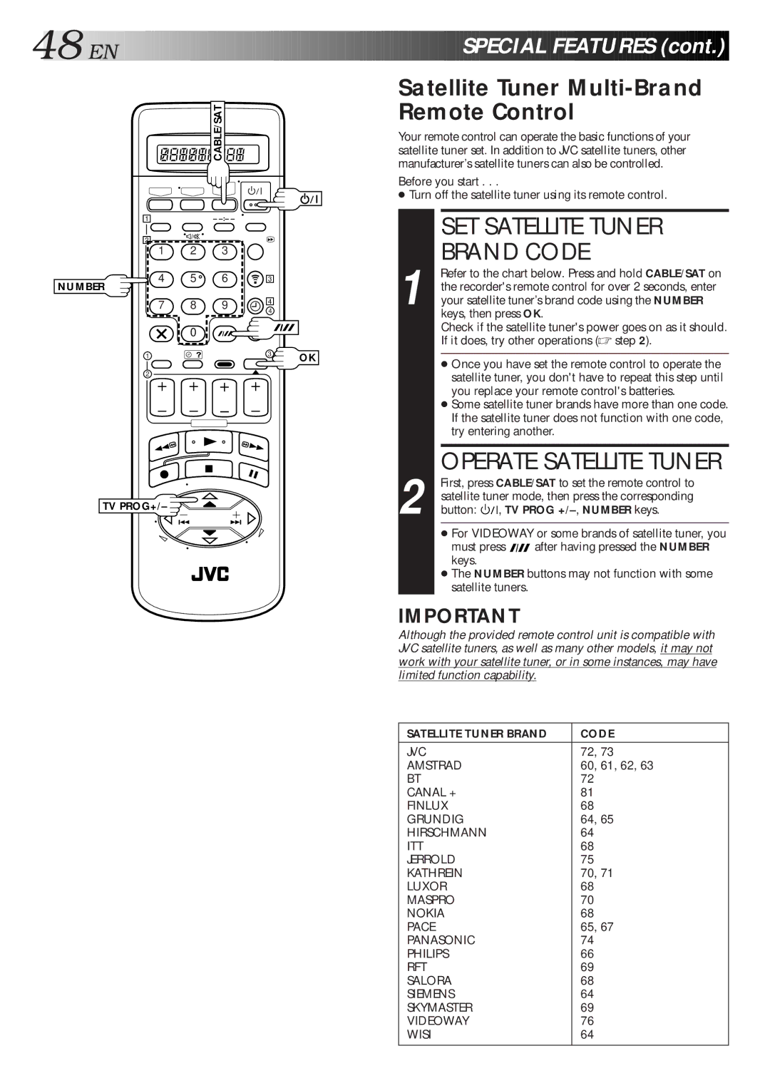 JVC HM-DR10000EU SET Satellite Tuner, Brand Code, Satellite Tuner Multi-Brand Remote Control, TV Prog +/-,NUMBER keys 