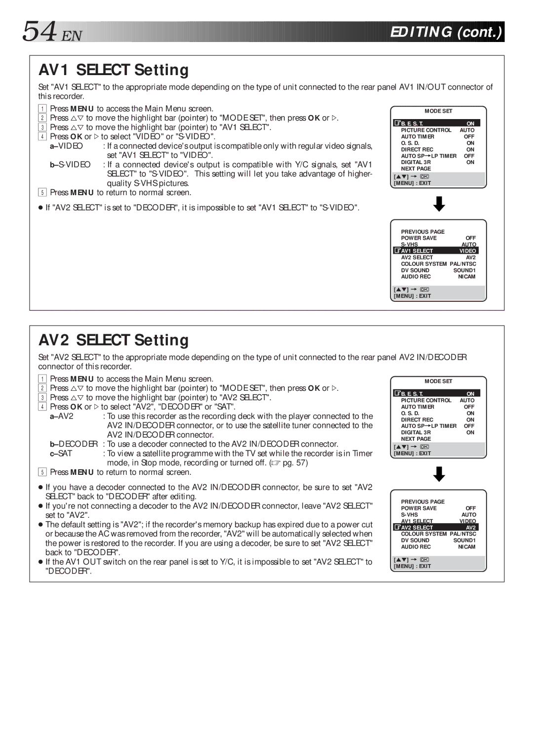 JVC HM-DR10000EU specifications AV1 Select Setting, AV2 Select Setting 