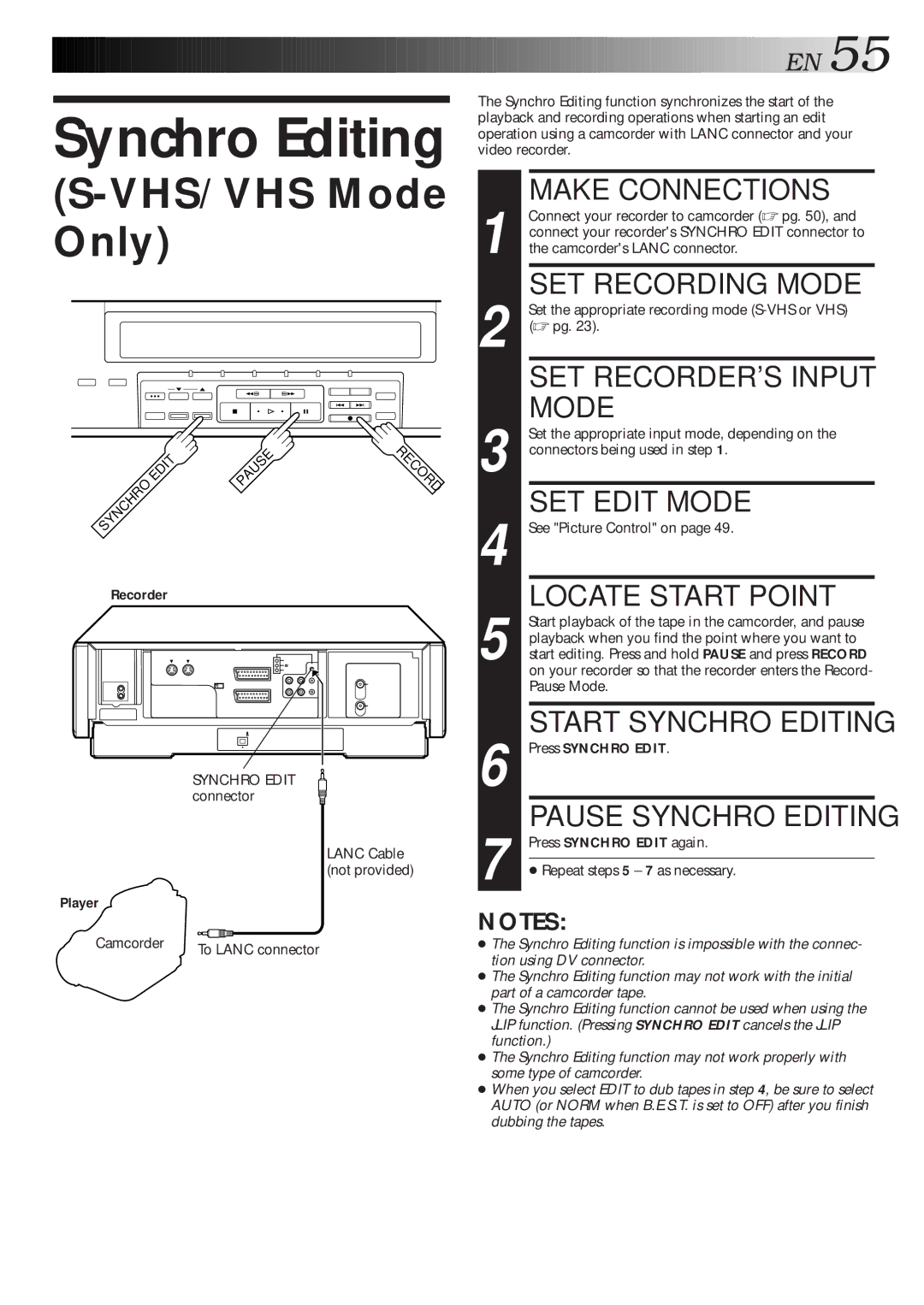 JVC HM-DR10000EU Synchro Editing, Synchro Edit connector Lanc Cable not provided, Repeat steps 5 7 as necessary 