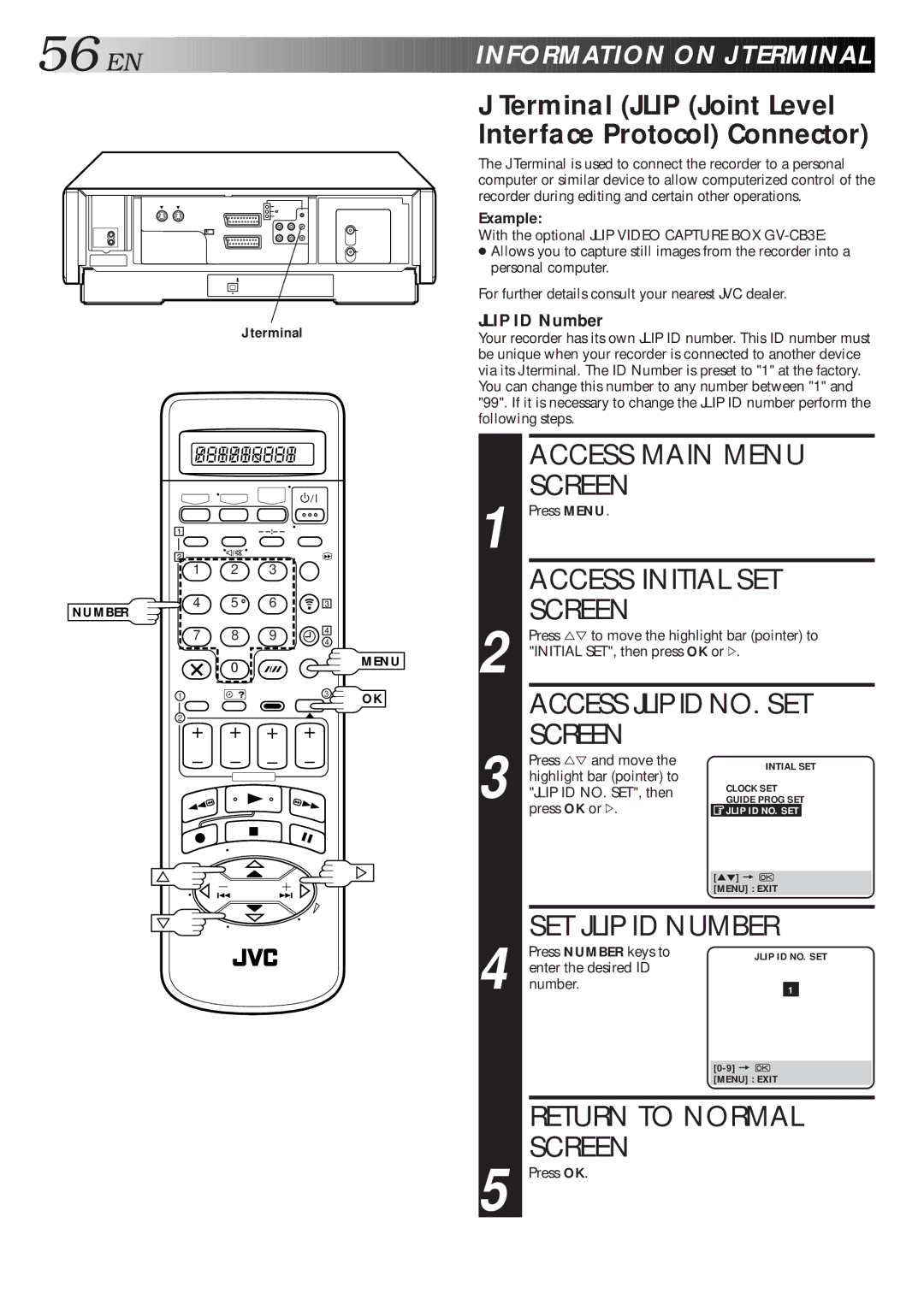 JVC HM-DR10000EU specifications Access Initial SET Screen, Access Jlip ID NO. SET Screen, SET Jlip ID Number, Example 