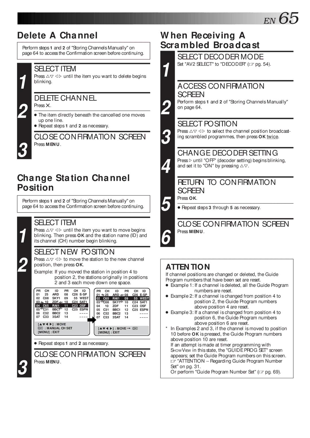 JVC HM-DR10000EU specifications Delete a Channel, Change Station Channel Position, When Receiving a Scrambled Broadcast 