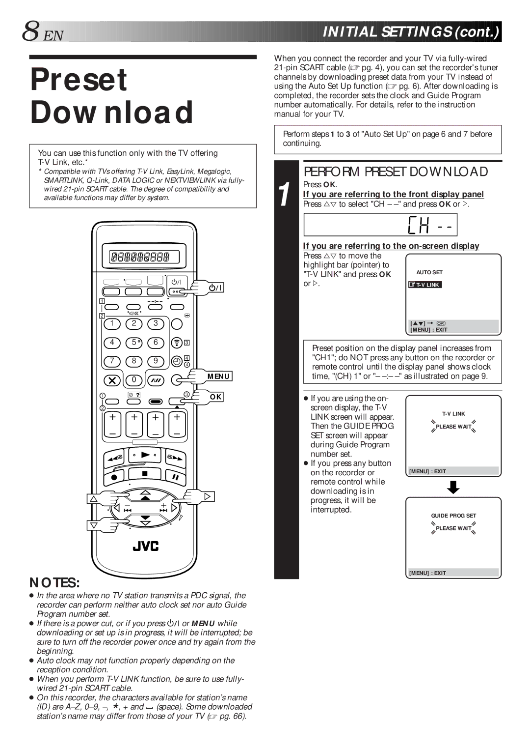 JVC HM-DR10000EU Preset Download, Press %Þ to select CH - and press OK or #, Press %Þ to move Highlight bar pointer to 