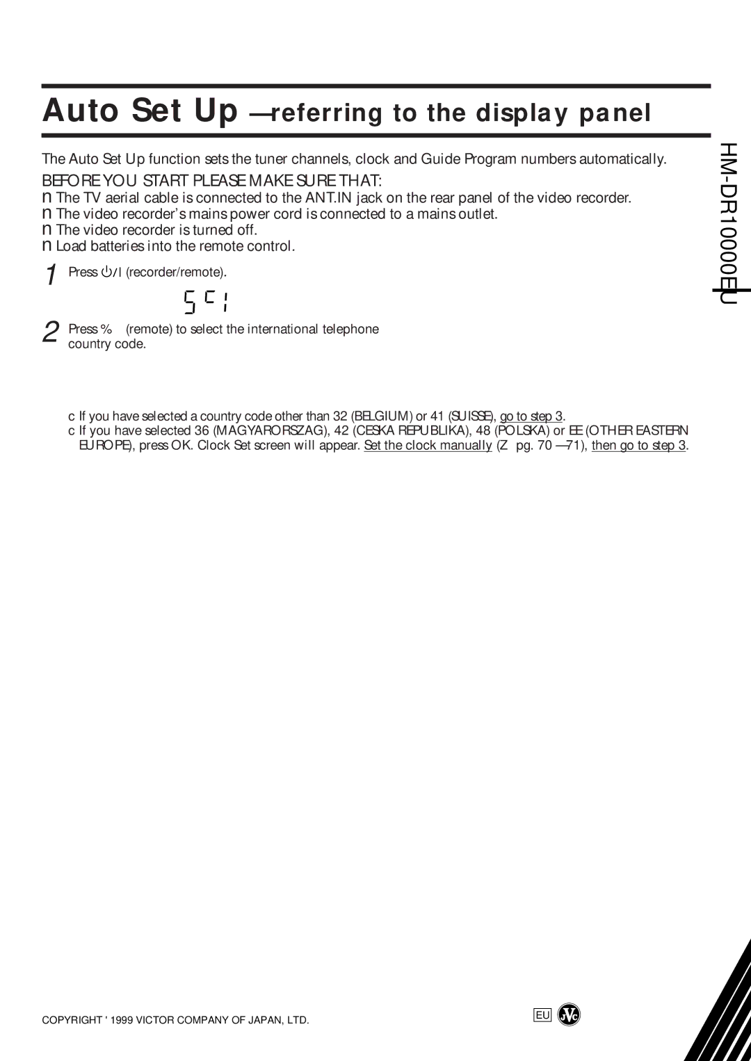 JVC HM-DR10000EU Ex. Deutschland is selected, Ex. Francais is selected for Belgium, International Telephone Language Code 