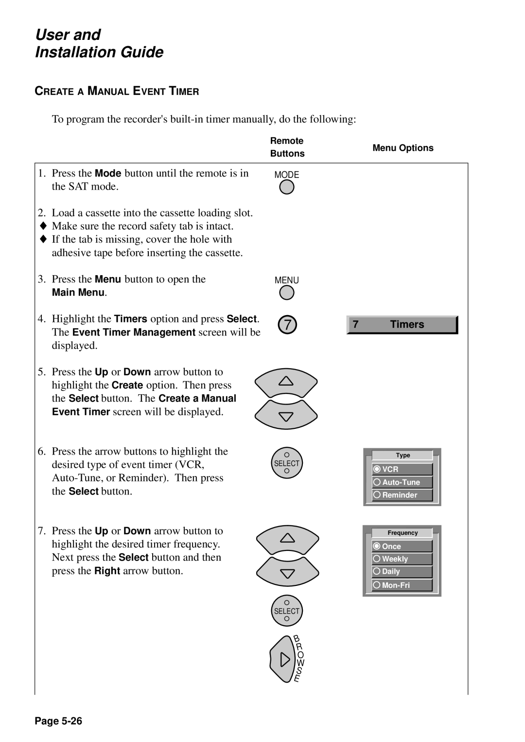 JVC HM-DSR100U, HM-DSR100DU, HM-DSR100RU manual Highlight the Timers option and press Select 