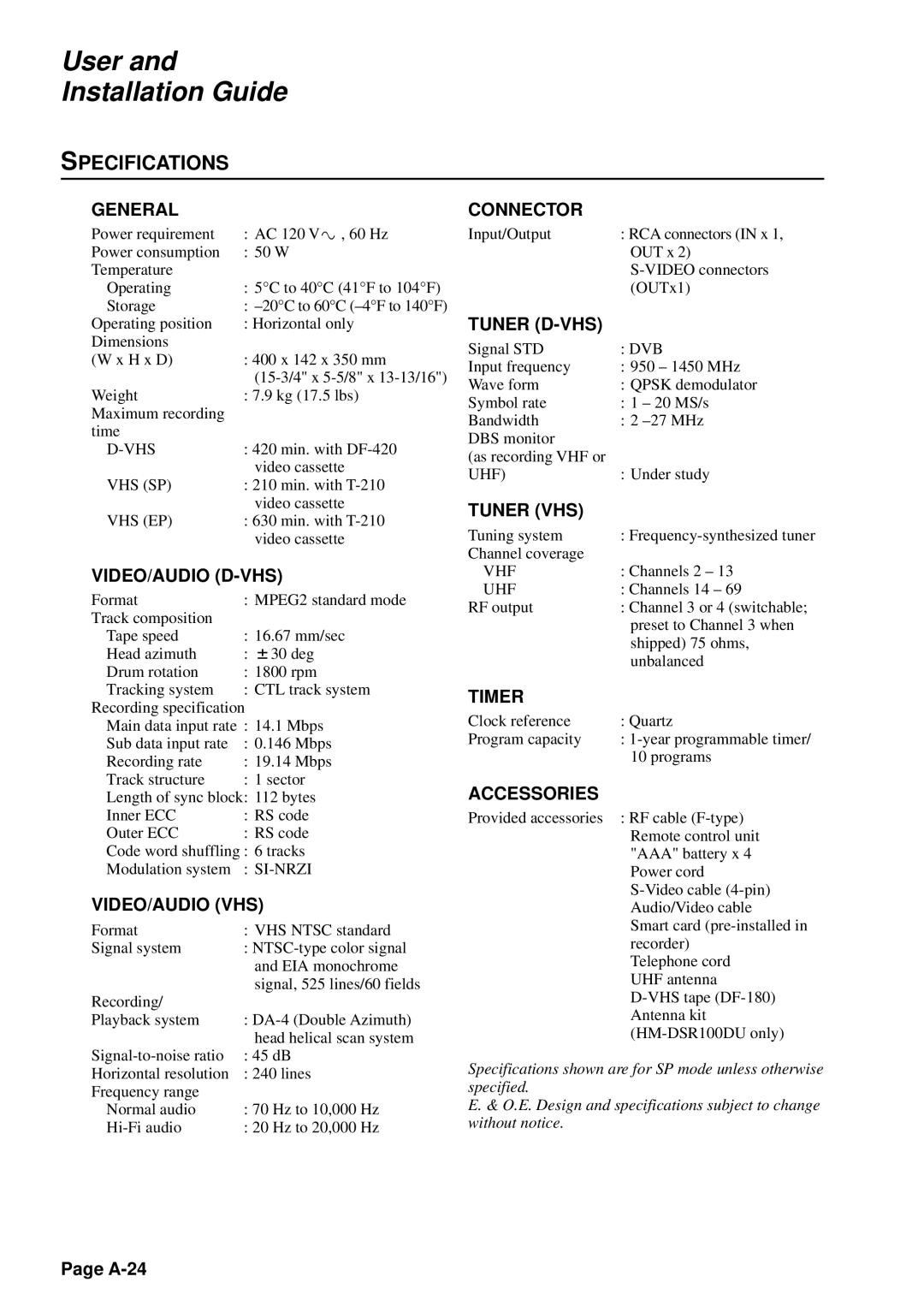 JVC HM-DSR100U, HM-DSR100DU, HM-DSR100RU manual Specifications, General 