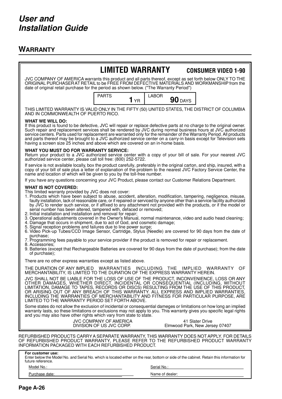 JVC HM-DSR100U, HM-DSR100DU, HM-DSR100RU manual Limited Warranty 