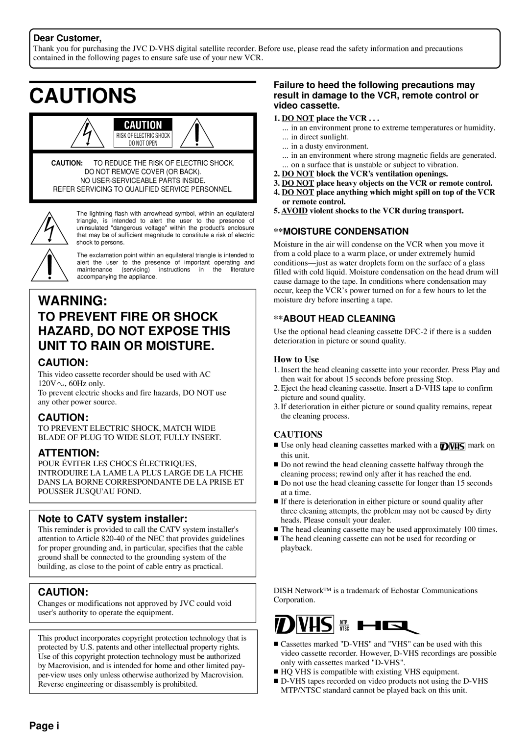 JVC HM-DSR100U, HM-DSR100DU, HM-DSR100RU manual Moisture Condensation 