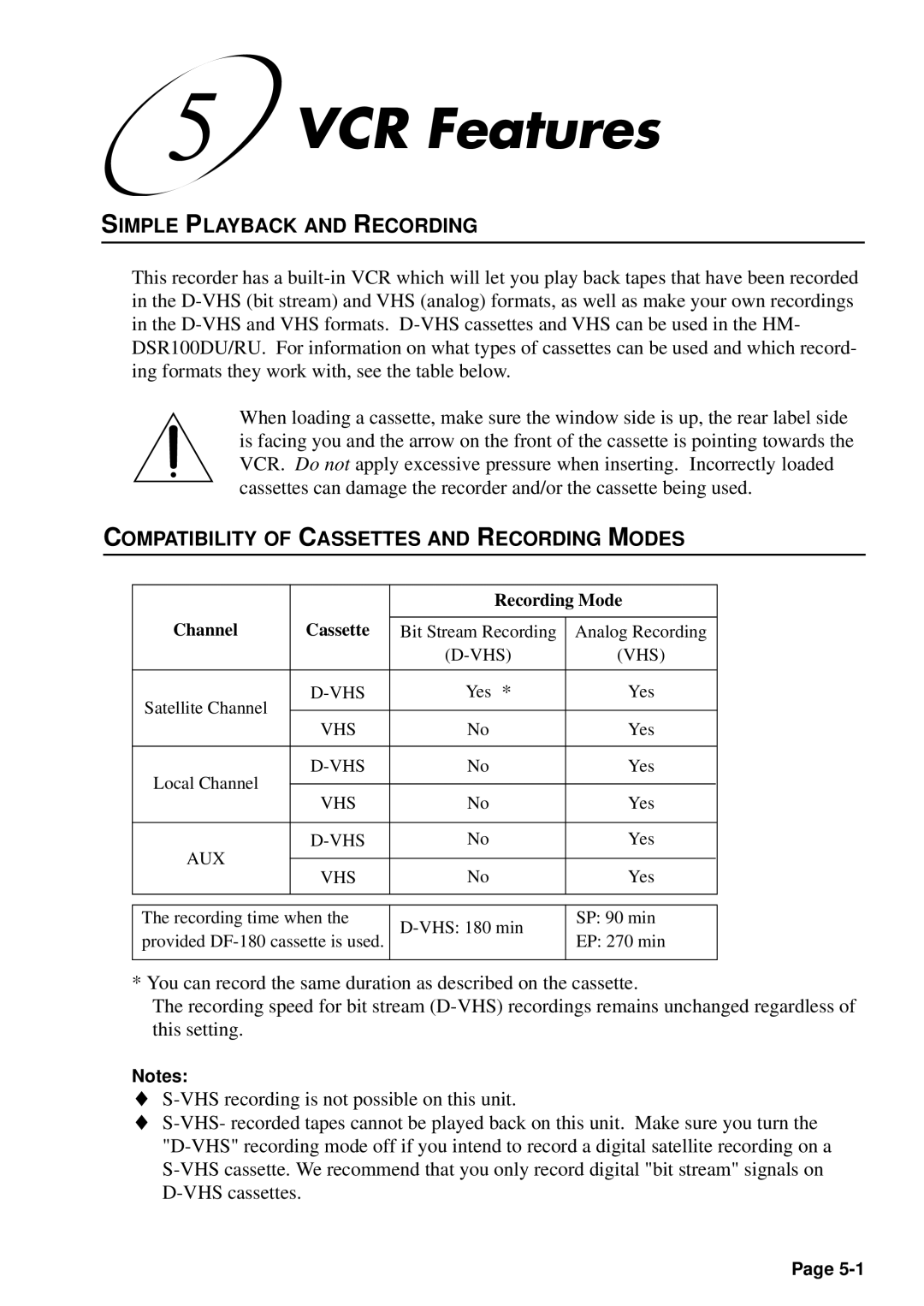 JVC HM-DSR100U, HM-DSR100DU, HM-DSR100RU Simple Playback and Recording, Compatibility of Cassettes and Recording Modes 