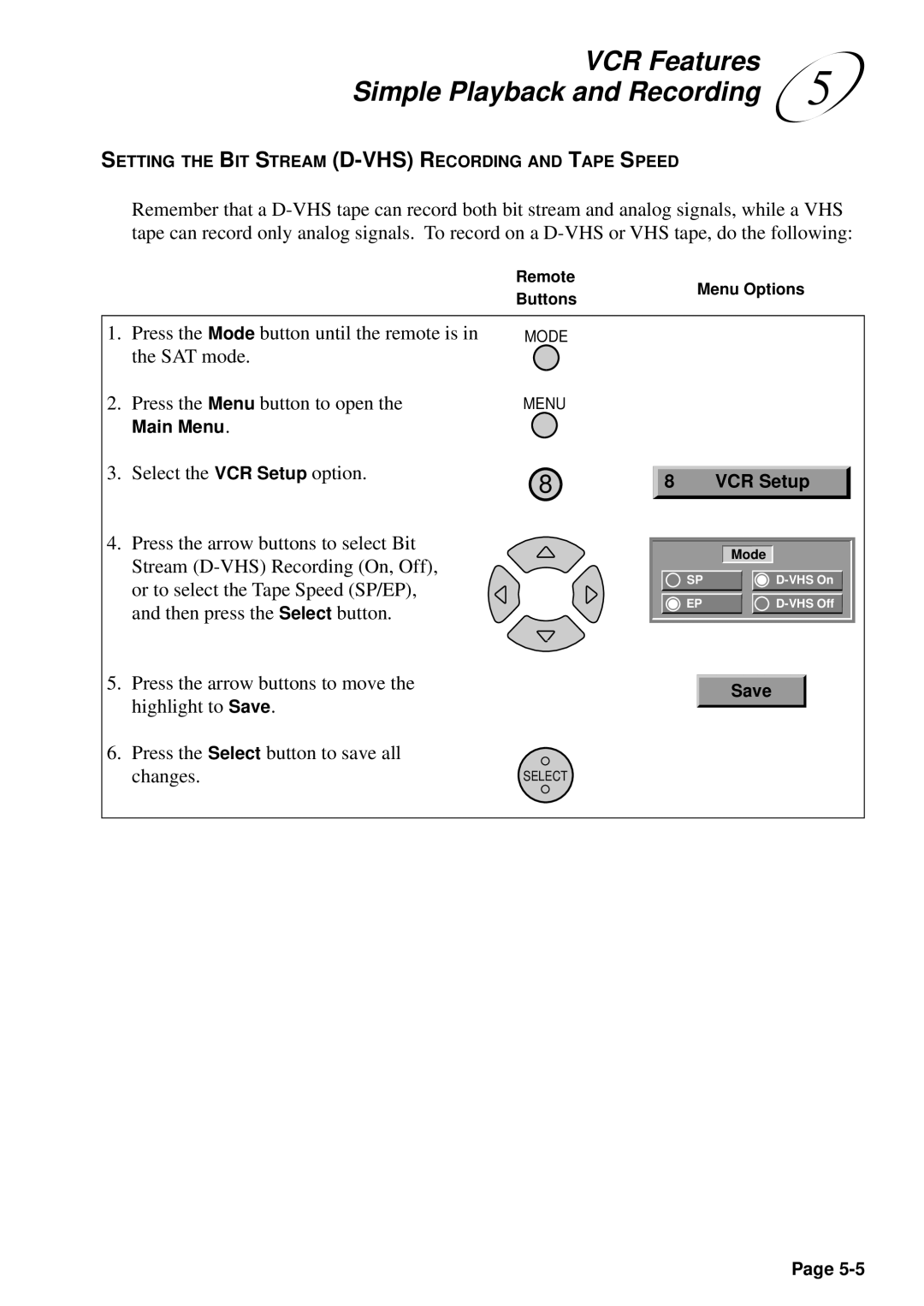 JVC HM-DSR100U, HM-DSR100DU, HM-DSR100RU manual Select the VCR Setup option 