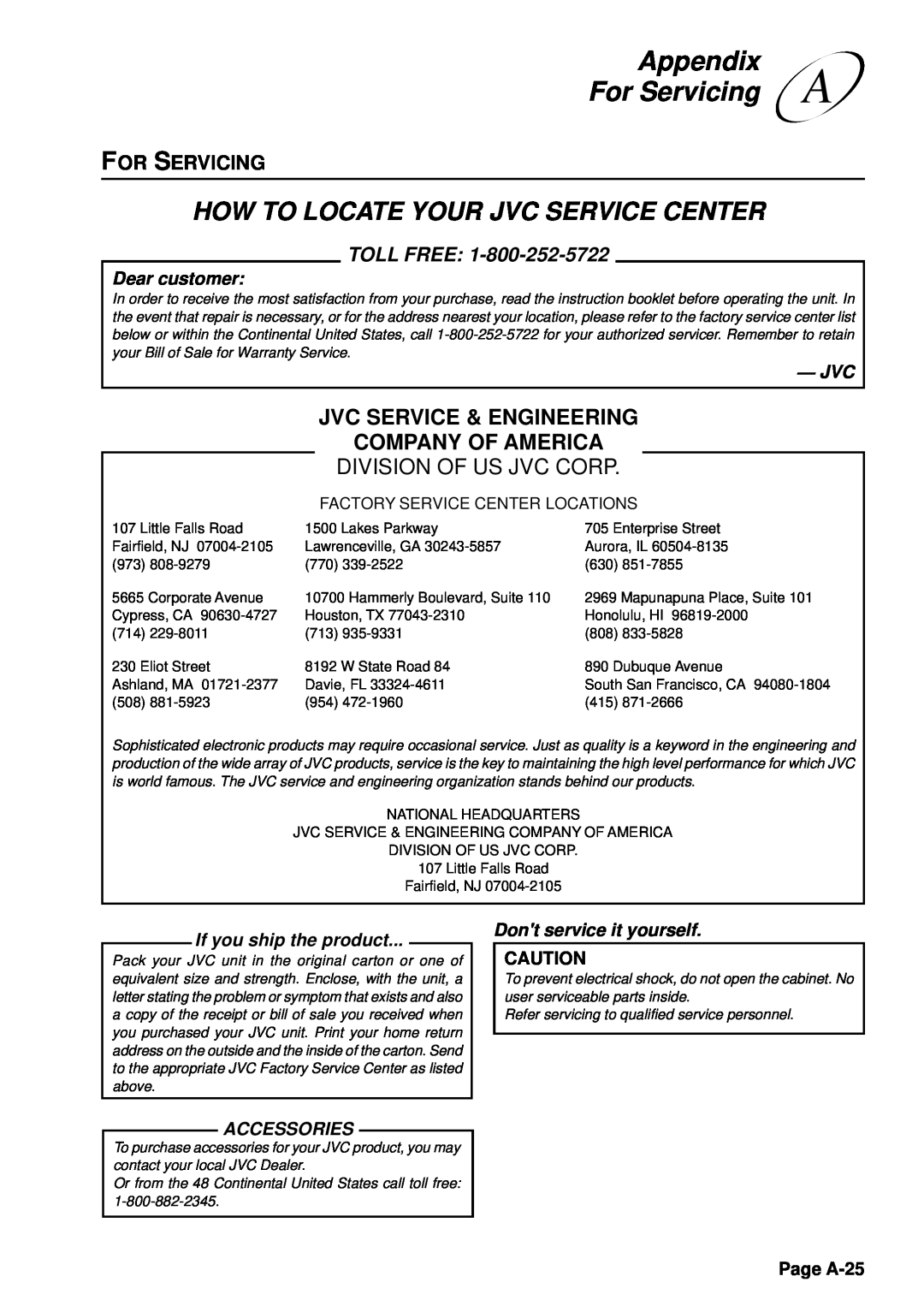 JVC HM-DSR100U, HM-DSR100DU, HM-DSR100RU For Servicing, How To Locate Your Jvc Service Center, Division Of Us Jvc Corp 