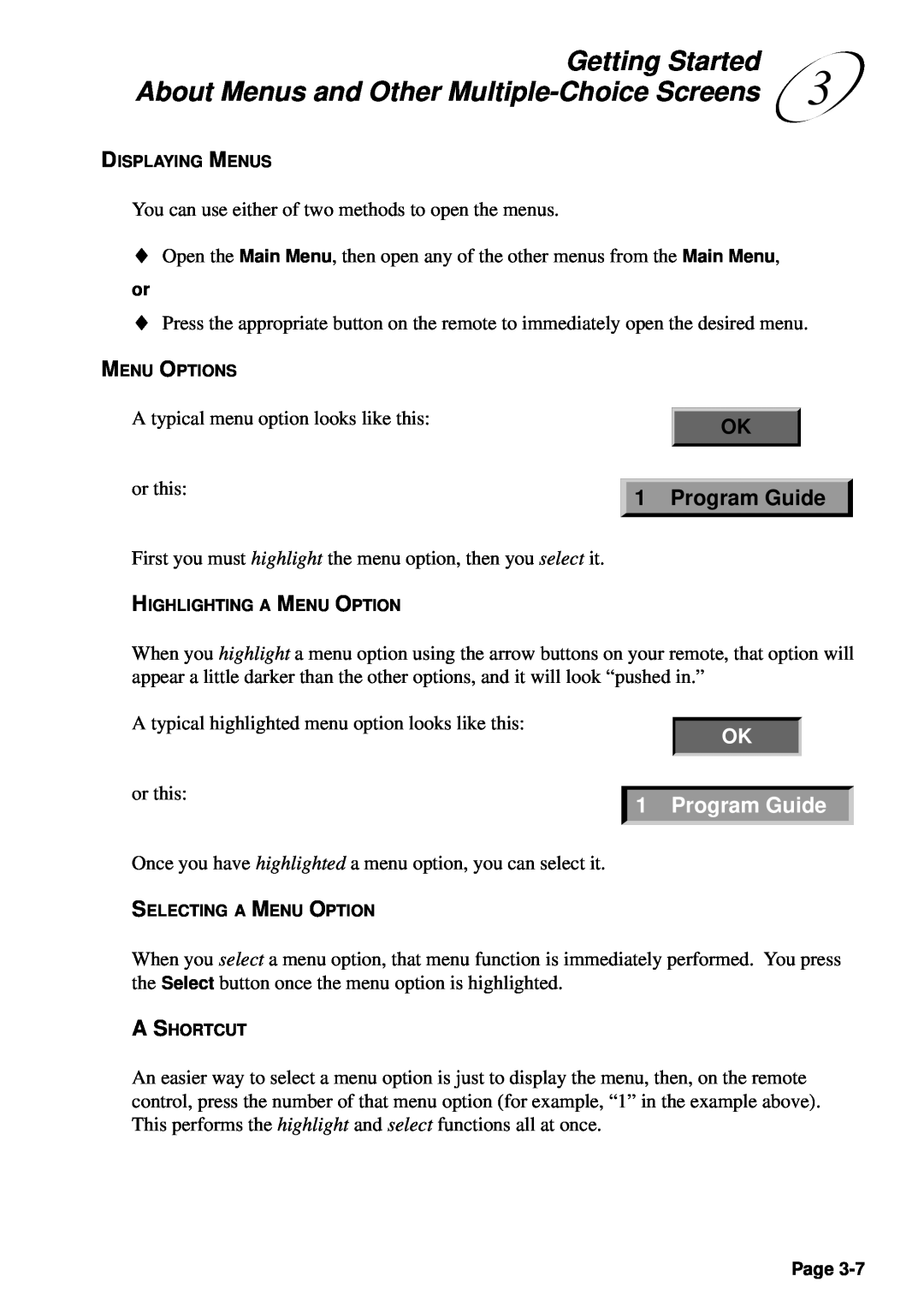 JVC HM-DSR100U, HM-DSR100DU, HM-DSR100RU About Menus and Other Multiple-Choice Screens, Program Guide, Getting Started 