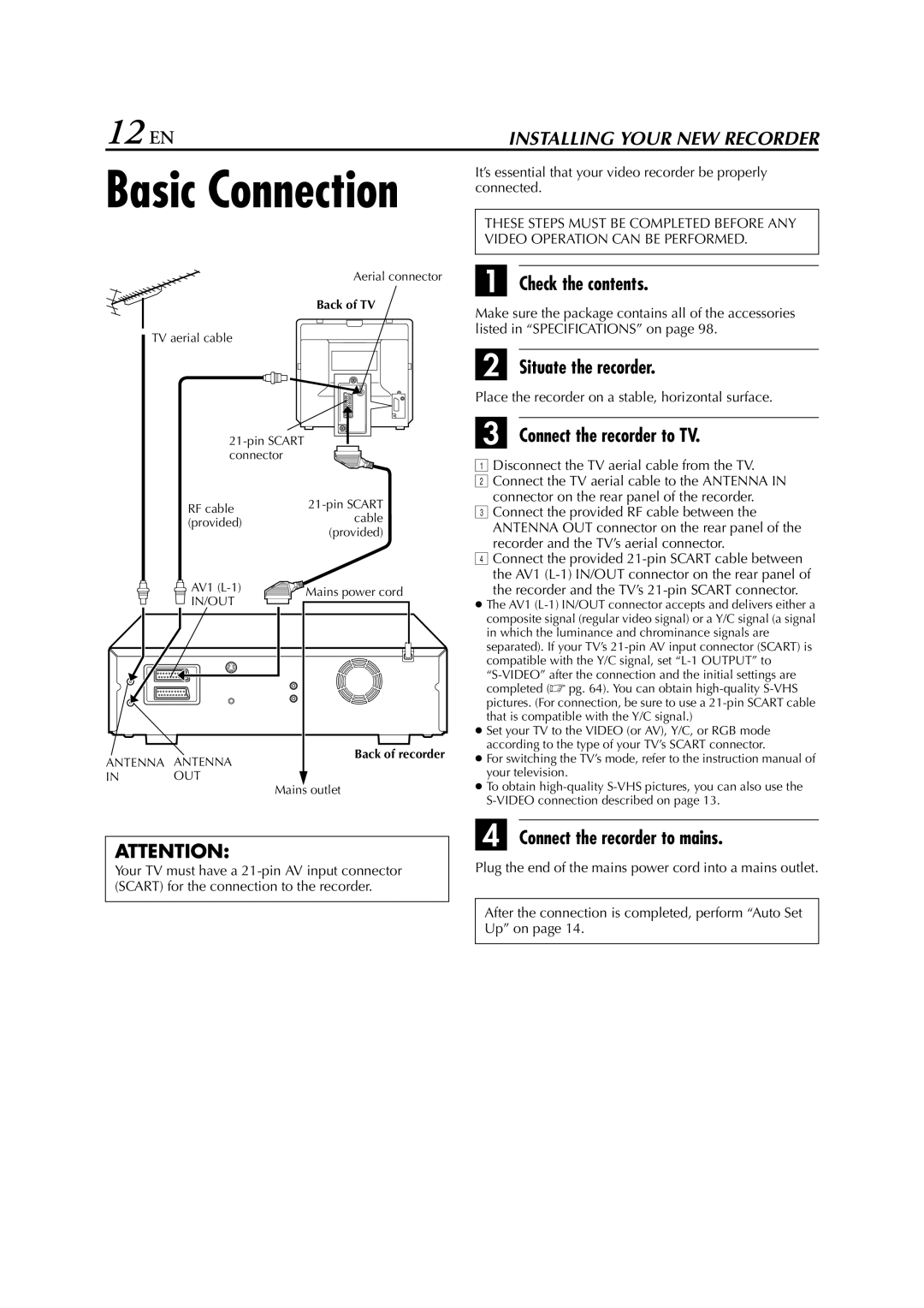 JVC HM-HDS1EU 12 EN, Check the contents, Situate the recorder, Connect the recorder to TV, Connect the recorder to mains 