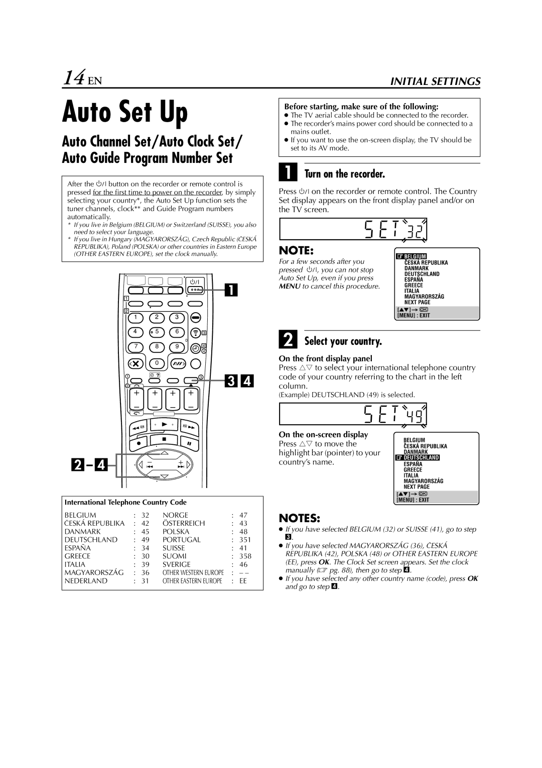 JVC HM-HDS1EU specifications Auto Set Up, 14 EN, Turn on the recorder, Select your country 