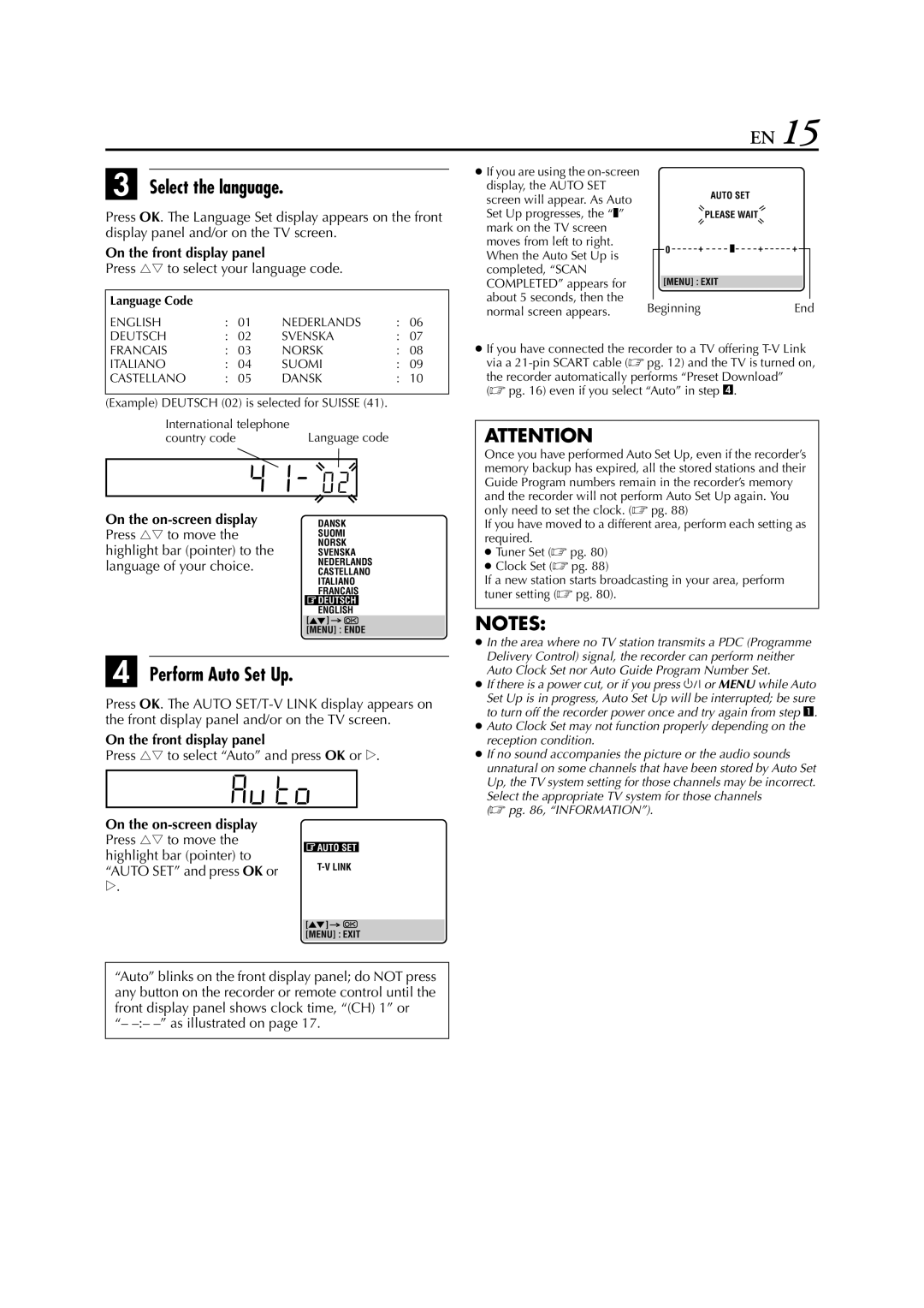 JVC HM-HDS1EU Select the language, Perform Auto Set Up, Press rt to select your language code, As illustrated on 