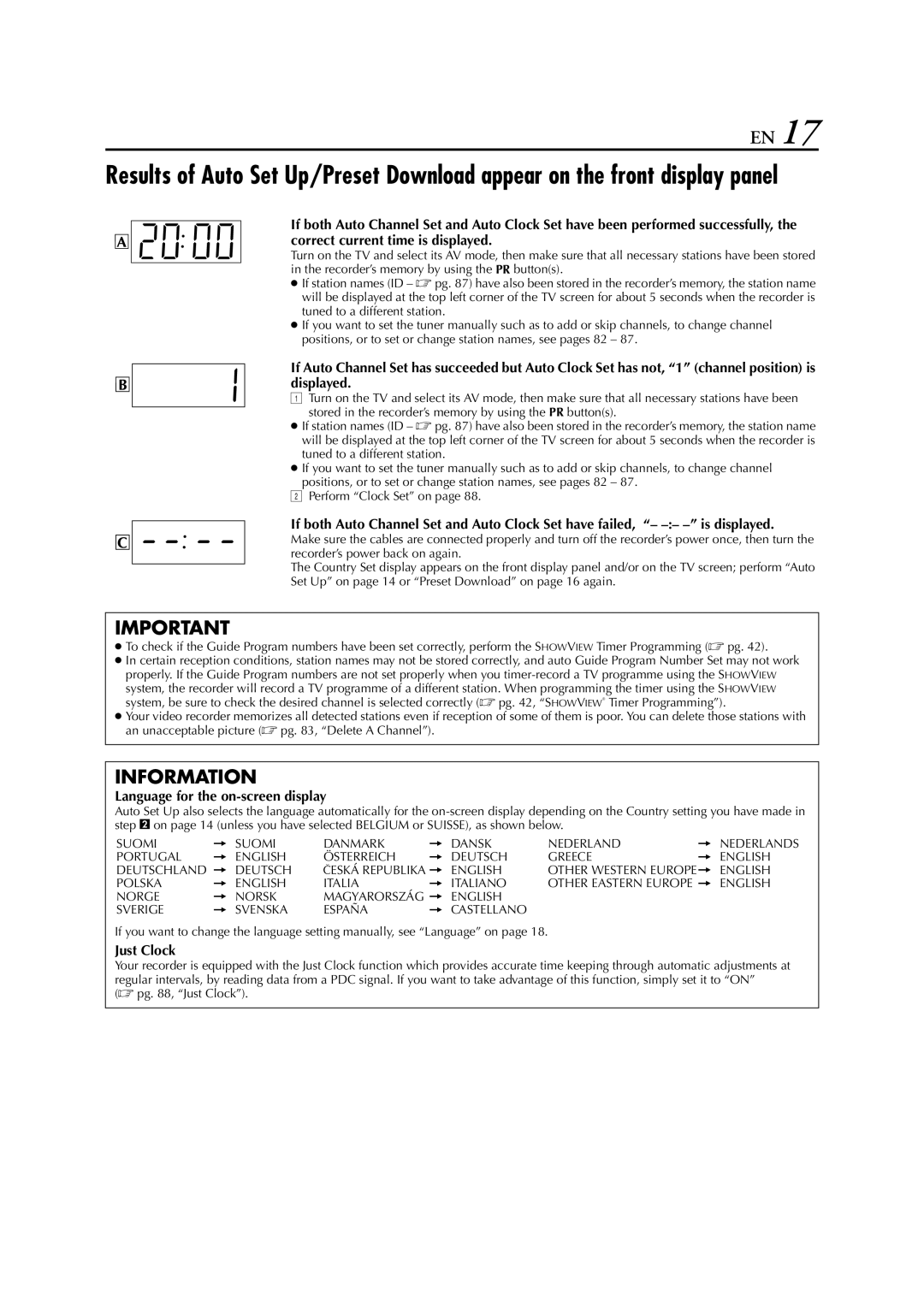 JVC HM-HDS1EU specifications Language for the on-screen display, Just Clock 