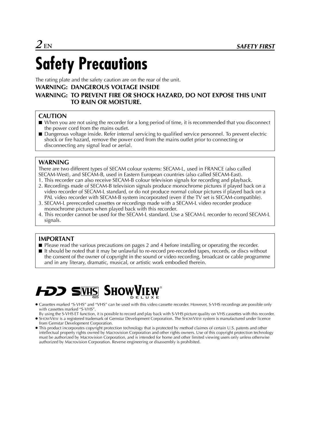 JVC HM-HDS1EU specifications Safety Precautions 