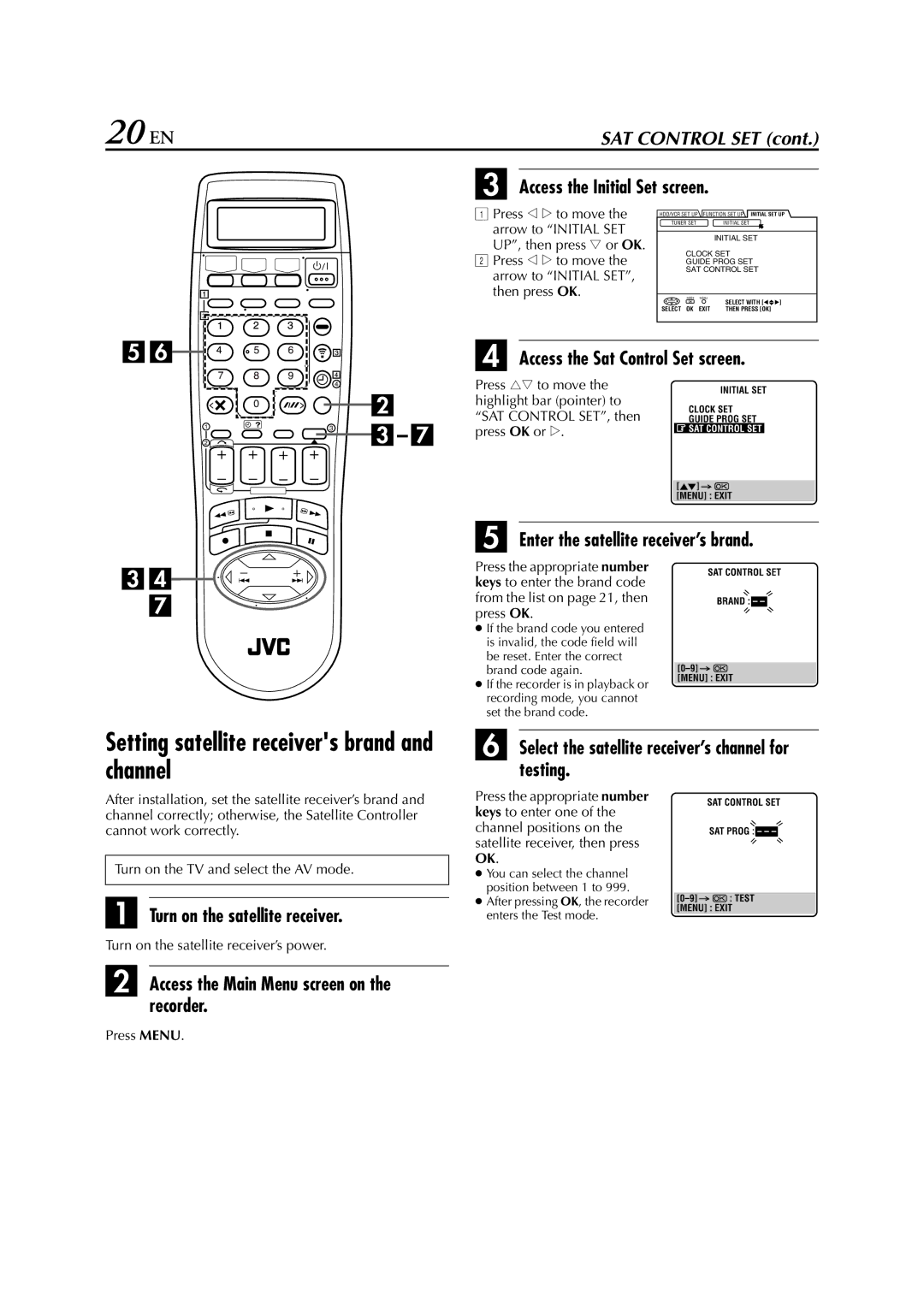 JVC HM-HDS1EU specifications 20 EN, Setting satellite receivers brand and channel 