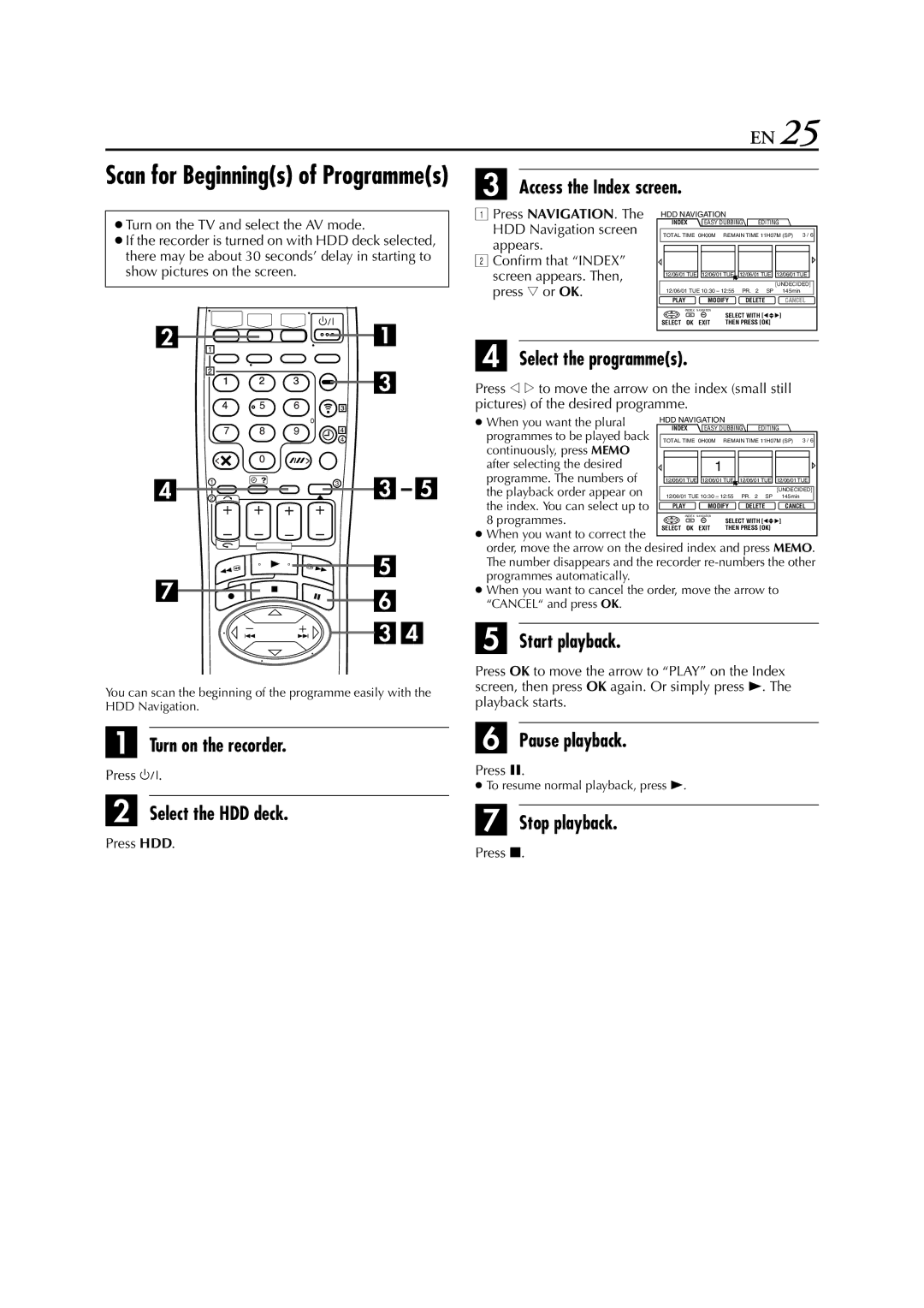 JVC HM-HDS1EU Access the Index screen, Select the programmes, Press NAVIGATION. The HDD Navigation screen appears 