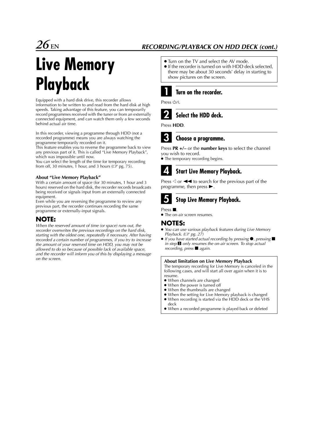 JVC HM-HDS1EU specifications 26 EN, Start Live Memory Playback, Stop Live Memory Playback 