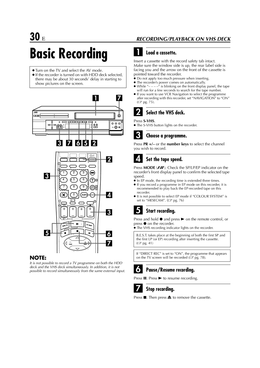 JVC HM-HDS1EU specifications 30 EN, Load a cassette, Select the VHS deck, Set the tape speed, Pause/Resume recording 