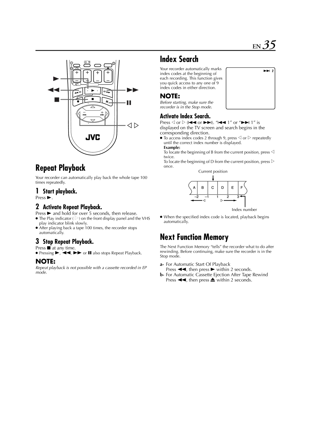 JVC HM-HDS1EU Next Function Memory, Activate Repeat Playback, Stop Repeat Playback, Activate Index Search 