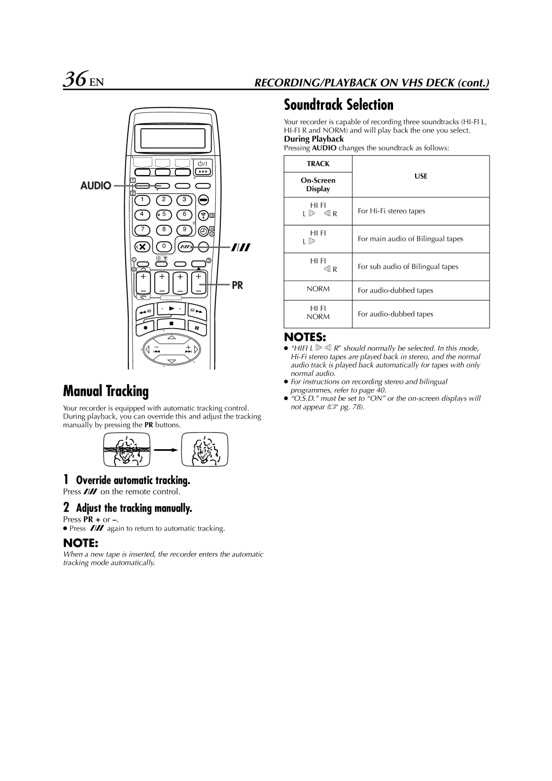 JVC HM-HDS1EU specifications 36 EN, Manual Tracking, Override automatic tracking, Adjust the tracking manually 