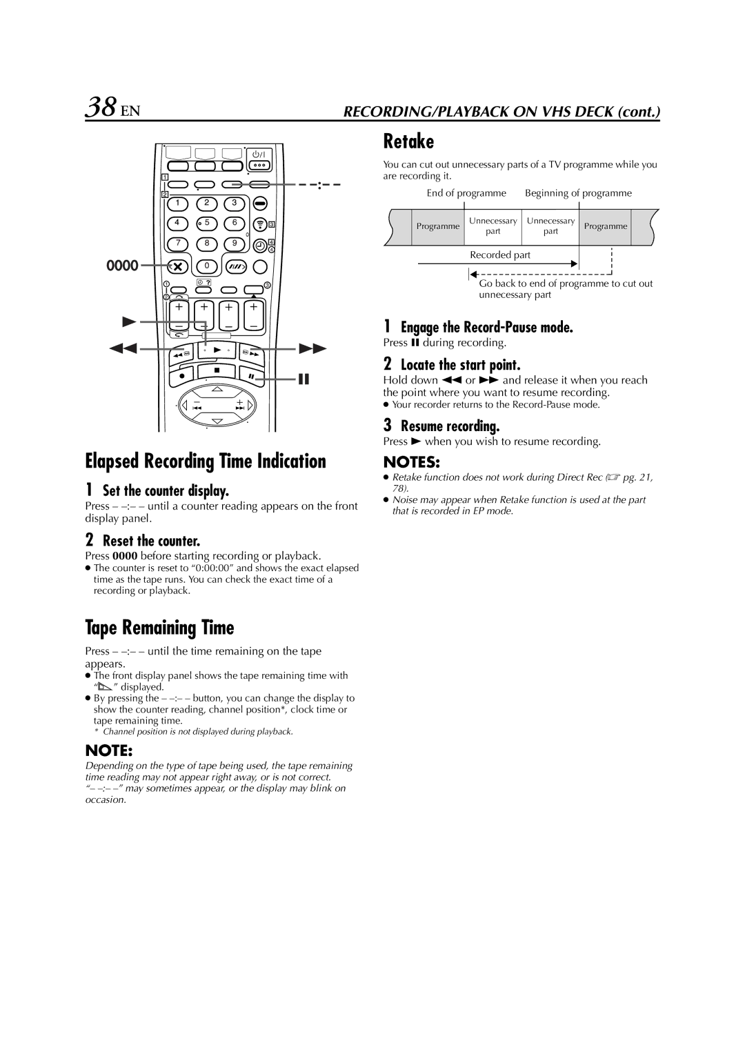 JVC HM-HDS1EU specifications 38 EN, Tape Remaining Time, Retake 