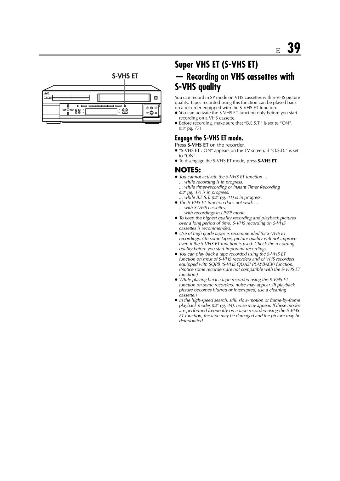 JVC HM-HDS1EU specifications Engage the S-VHS ET mode, Press S-VHS ET on the recorder 