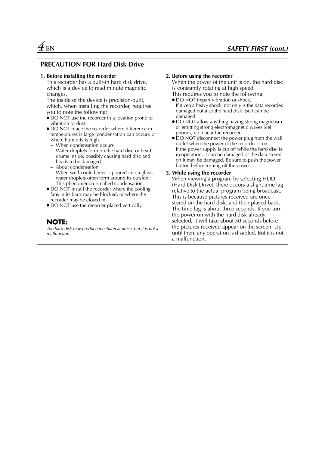 JVC HM-HDS1EU specifications Precaution for Hard Disk Drive, Before installing the recorder, Before using the recorder 