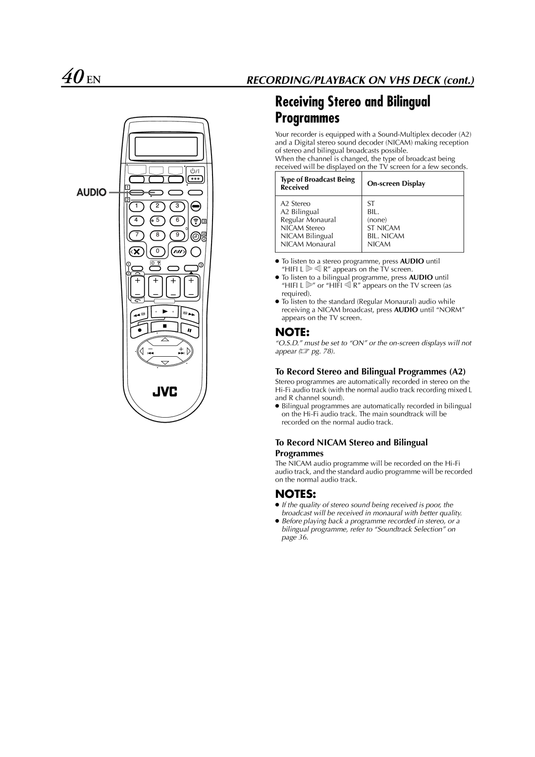 JVC HM-HDS1EU specifications To Record Nicam Stereo and Bilingual Programmes, On-screen Display 