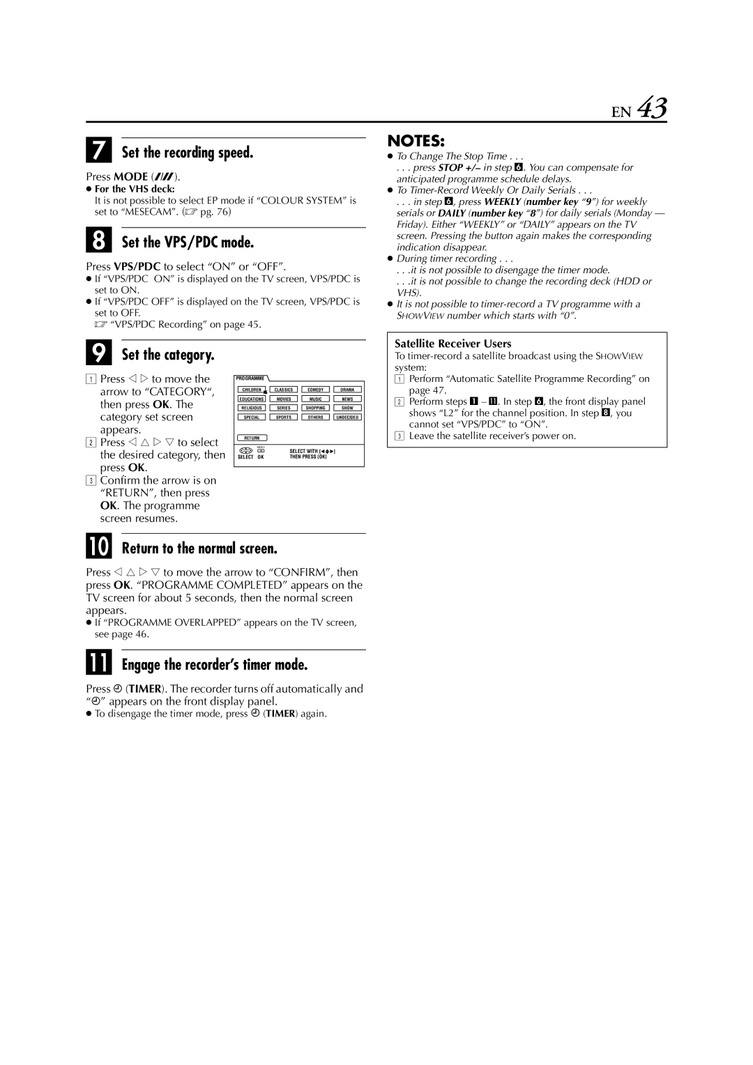 JVC HM-HDS1EU Set the VPS/PDC mode, Set the category, Engage the recorder’s timer mode, Satellite Receiver Users 