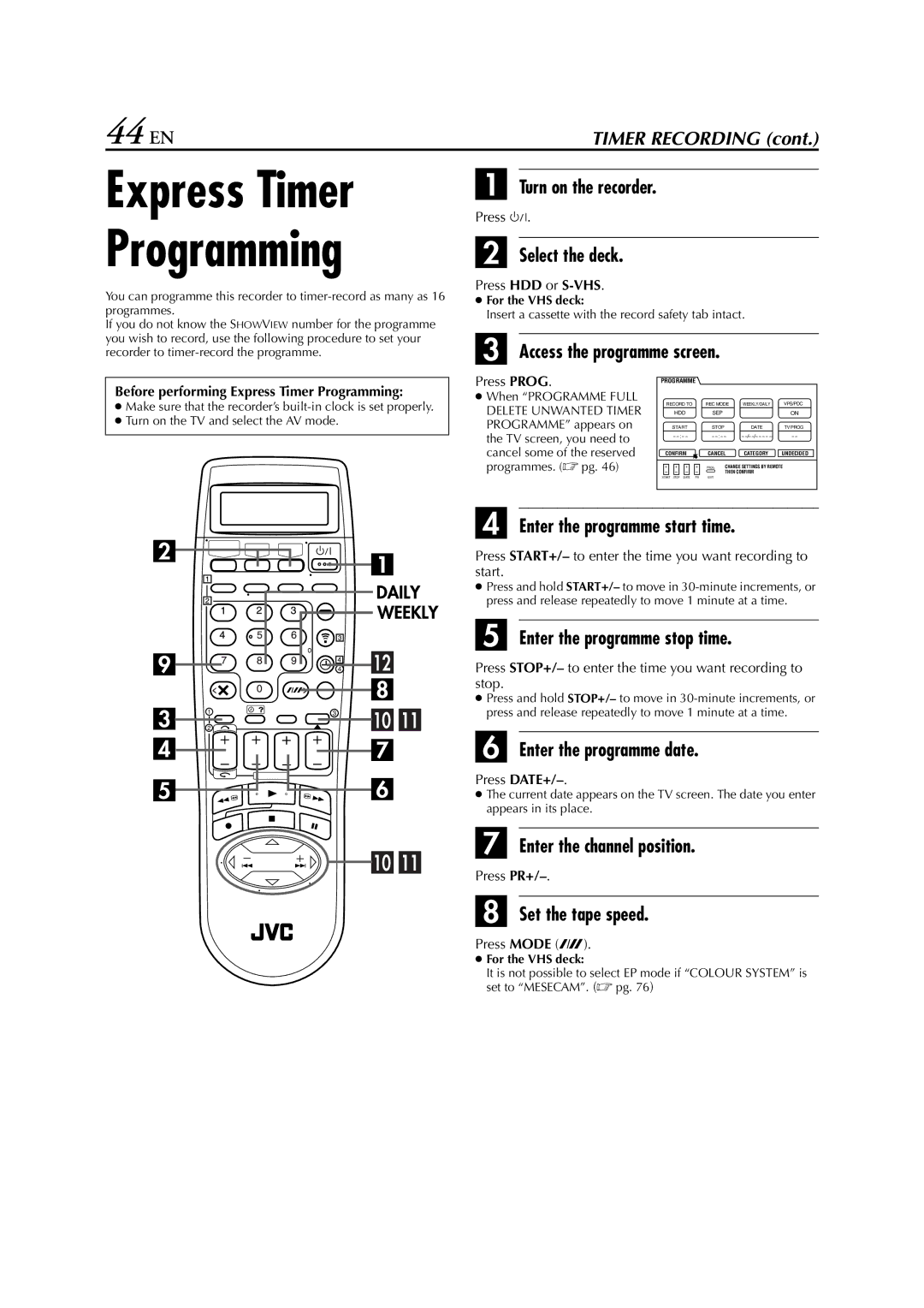 JVC HM-HDS1EU specifications Express Timer Programming, 44 EN 