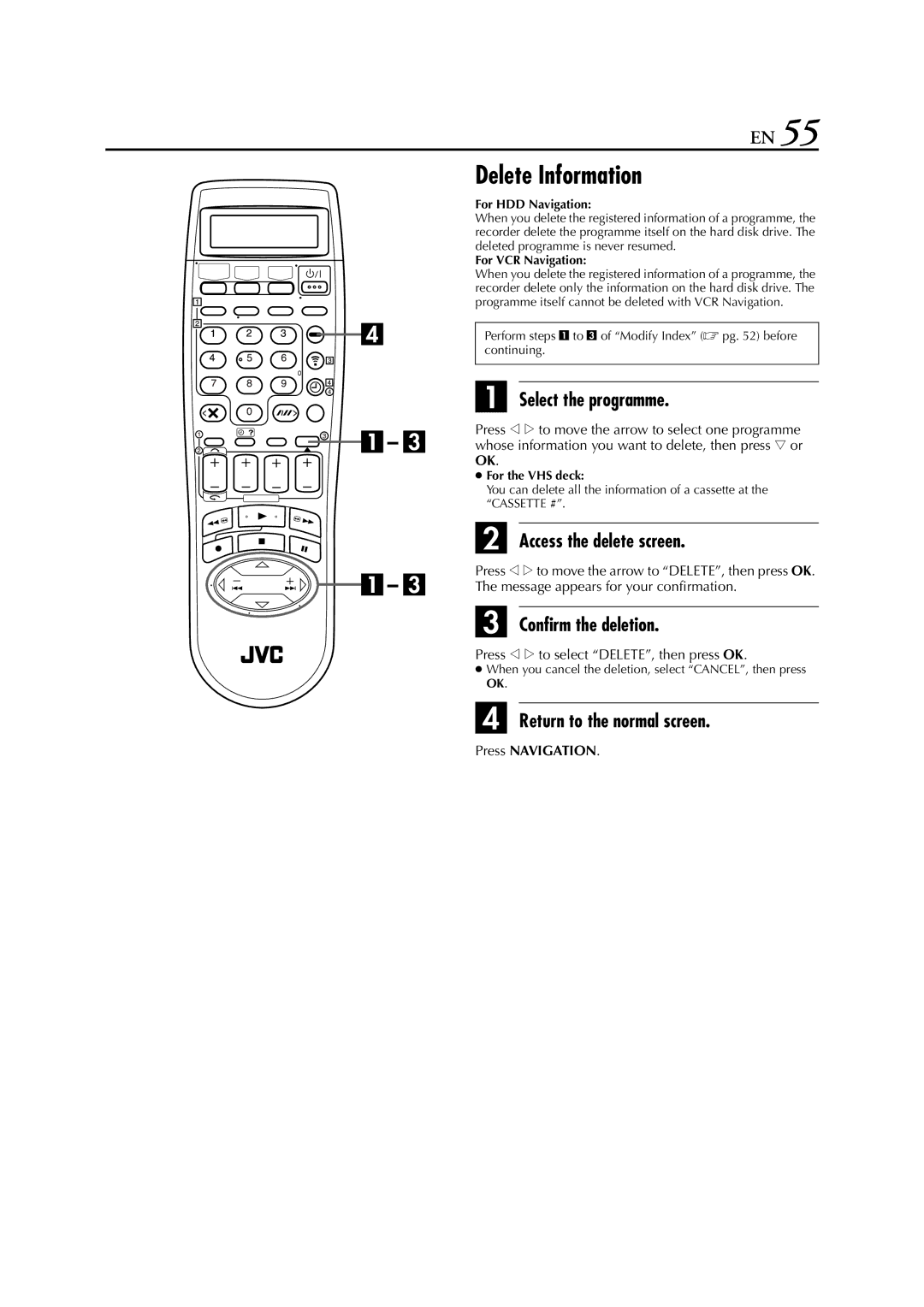 JVC HM-HDS1EU specifications Delete Information, Access the delete screen, Confirm the deletion 