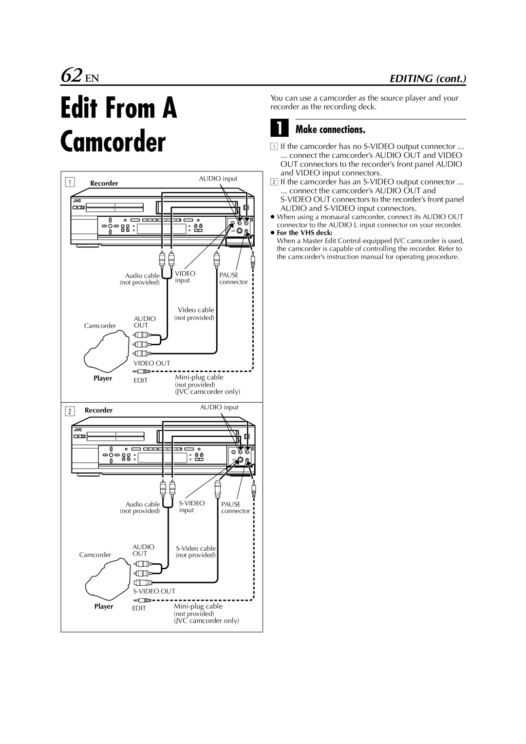 JVC HM-HDS1EU specifications Edit From a Camcorder, 62 EN, Audio and S-VIDEO input connectors, Player, Recorder 