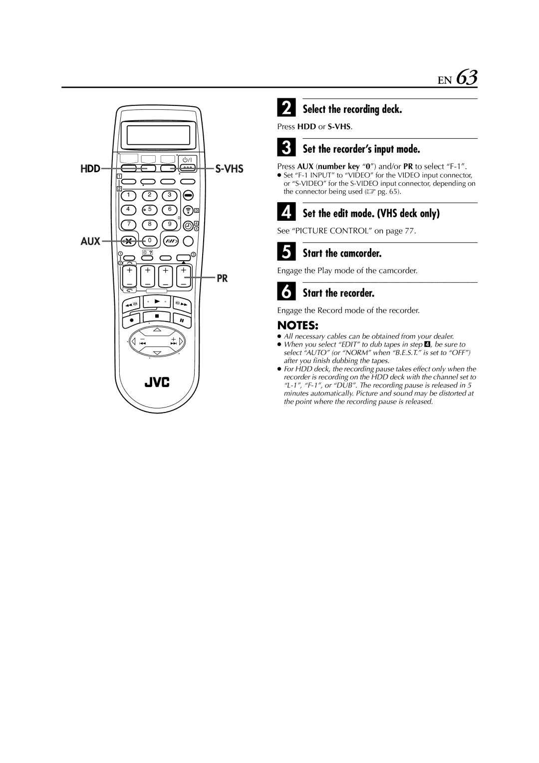 JVC HM-HDS1EU specifications Select the recording deck, Set the recorder’s input mode, Set the edit mode. VHS deck only 