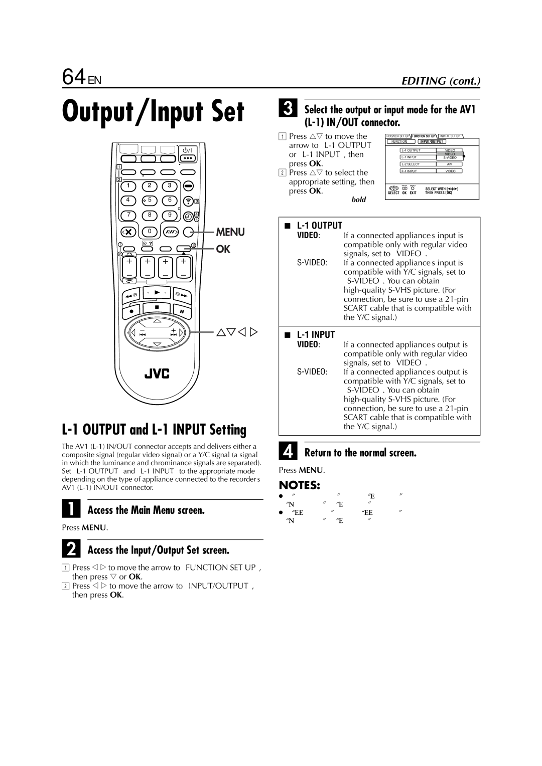 JVC HM-HDS1EU specifications 64 EN, Access the Input/Output Set screen 