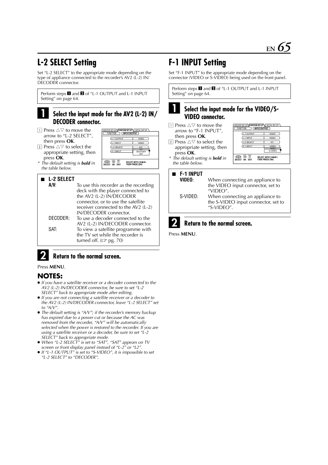 JVC HM-HDS1EU Select Setting, Input Setting, Decoder connector, Select the input mode for the VIDEO/S Video connector 