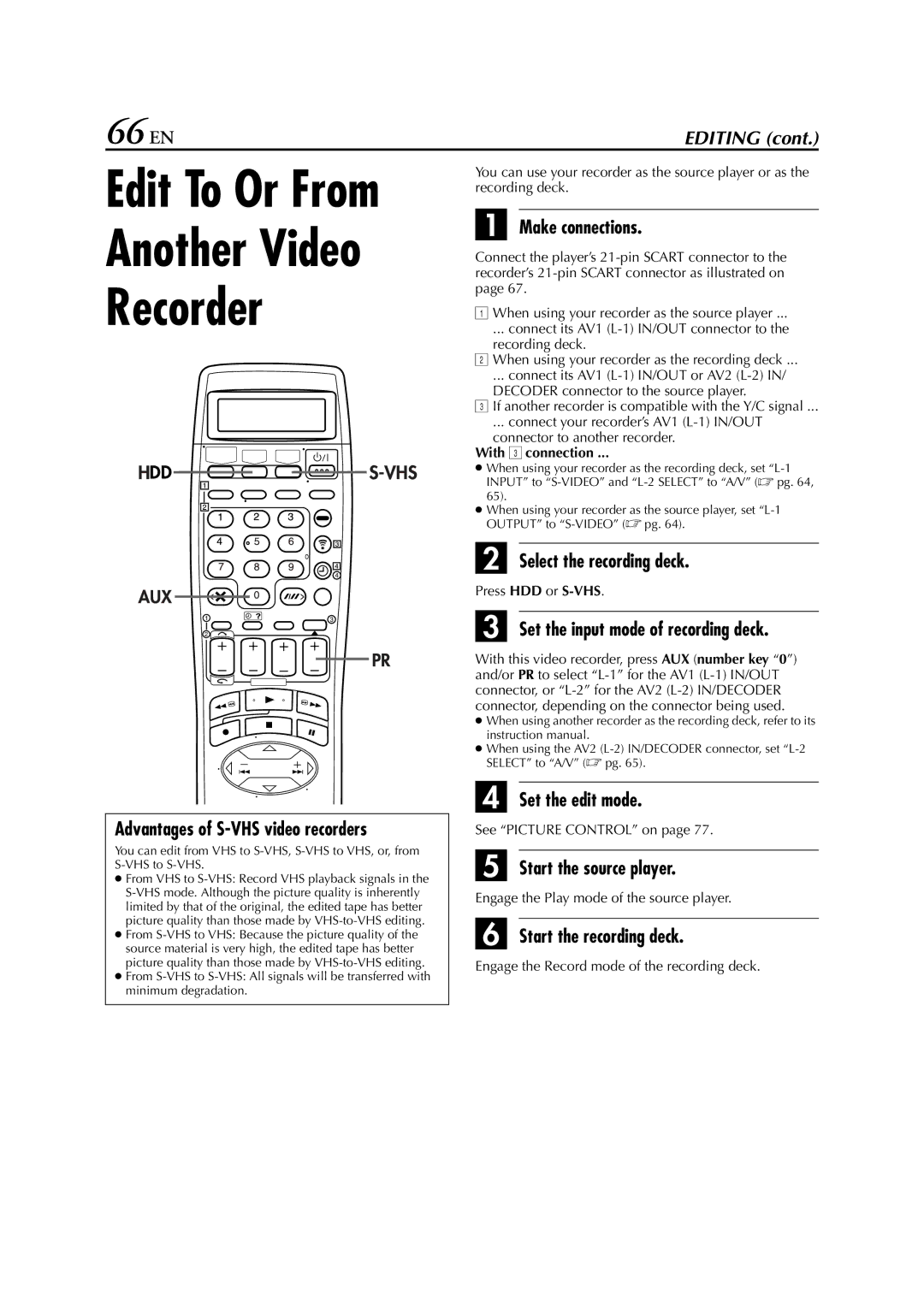 JVC HM-HDS1EU specifications Another Video Recorder, 66 EN 