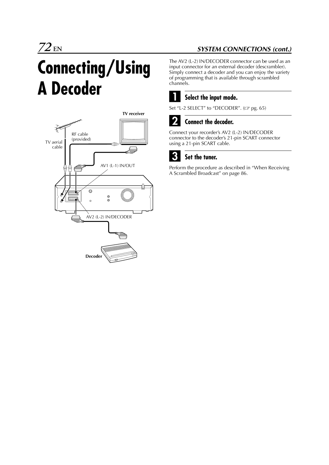 JVC HM-HDS1EU 72 EN, Select the input mode, Connect the decoder, Set the tuner, Set L-2 Select to DECODER.  pg 