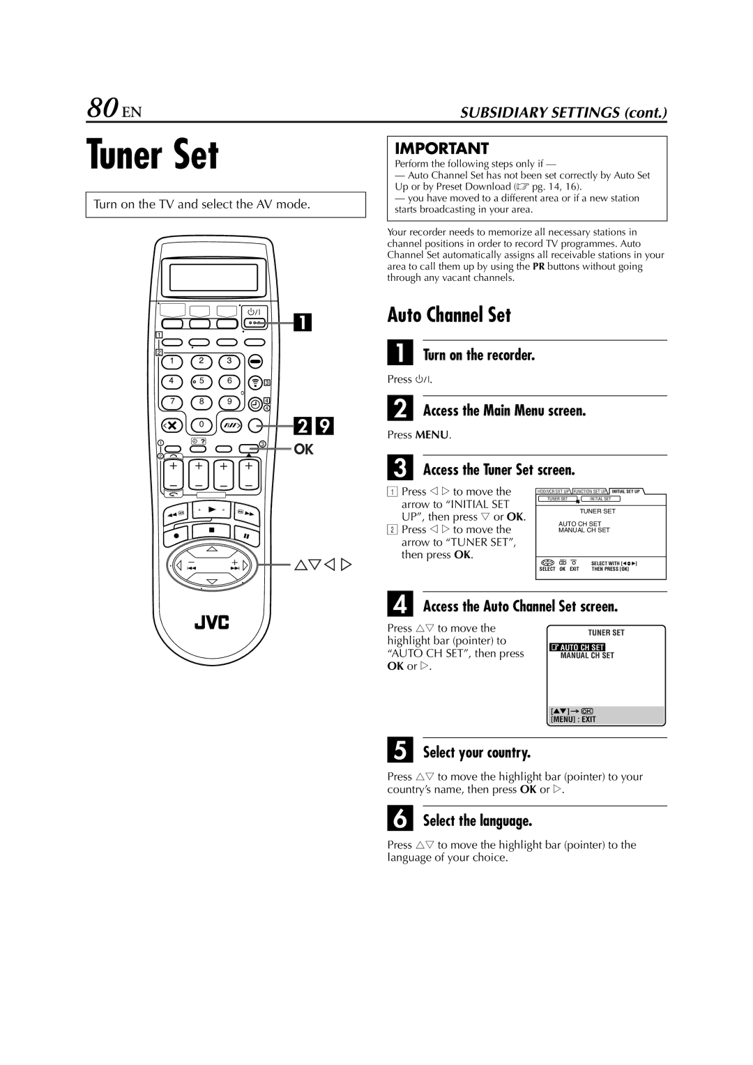 JVC HM-HDS1EU specifications Tuner Set, 80 EN, Access the Auto Channel Set screen, Highlight bar pointer to 