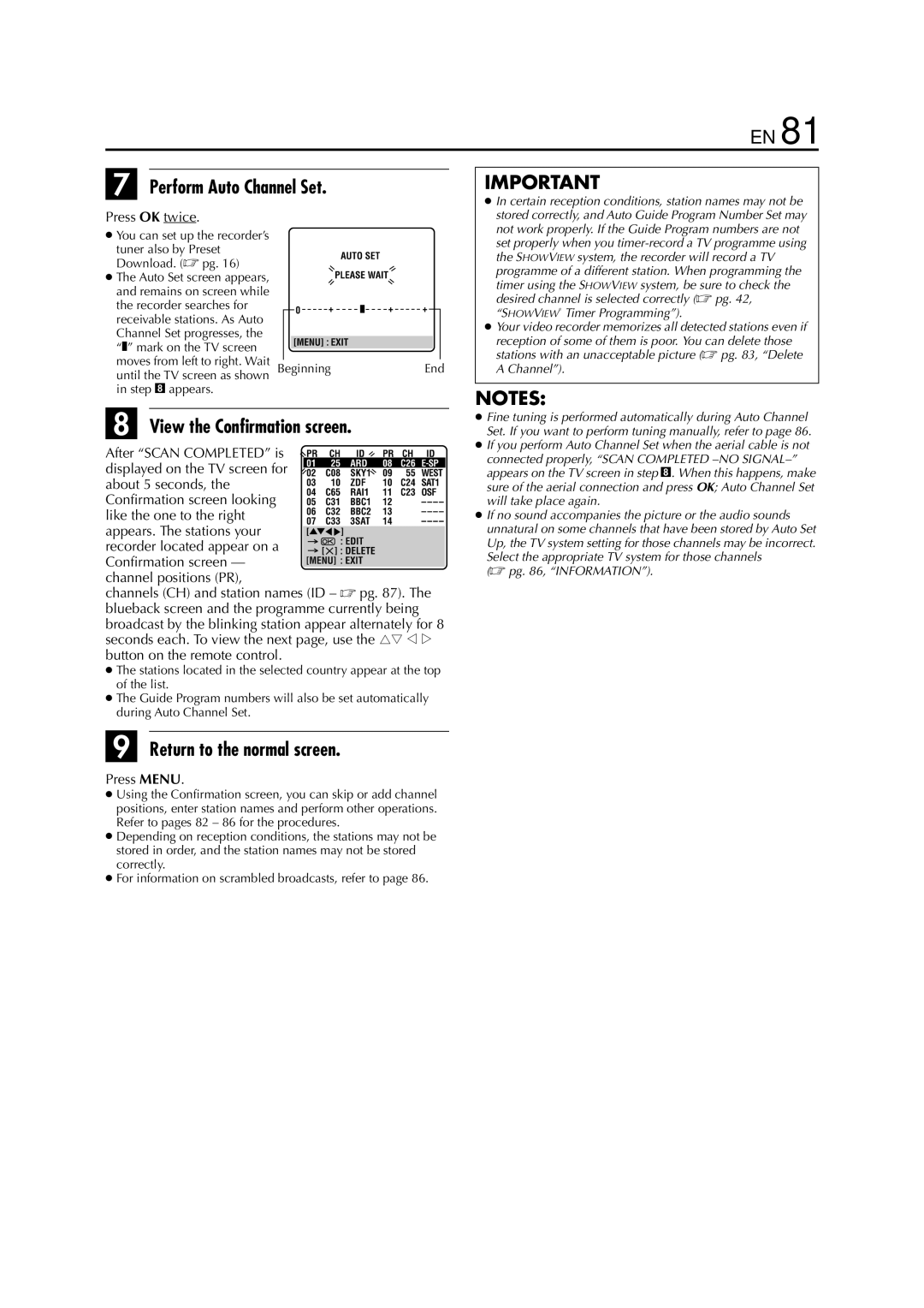 JVC HM-HDS1EU specifications Perform Auto Channel Set, View the Confirmation screen, Press OK twice 